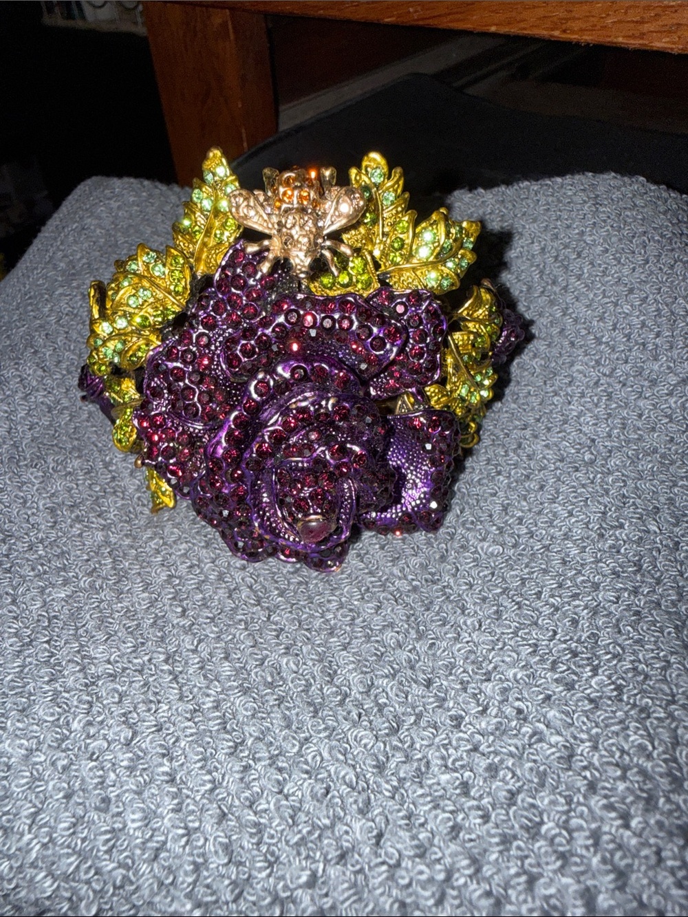 OPC Purple Crystal Rose Statement Bracelet with Green Leaf Accents